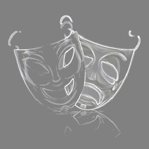 Black and white illustration of actor's comedy and tragedy mask